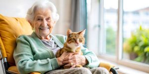 Resident choosing clothing with a caregiver in a bright, private assisted living room.